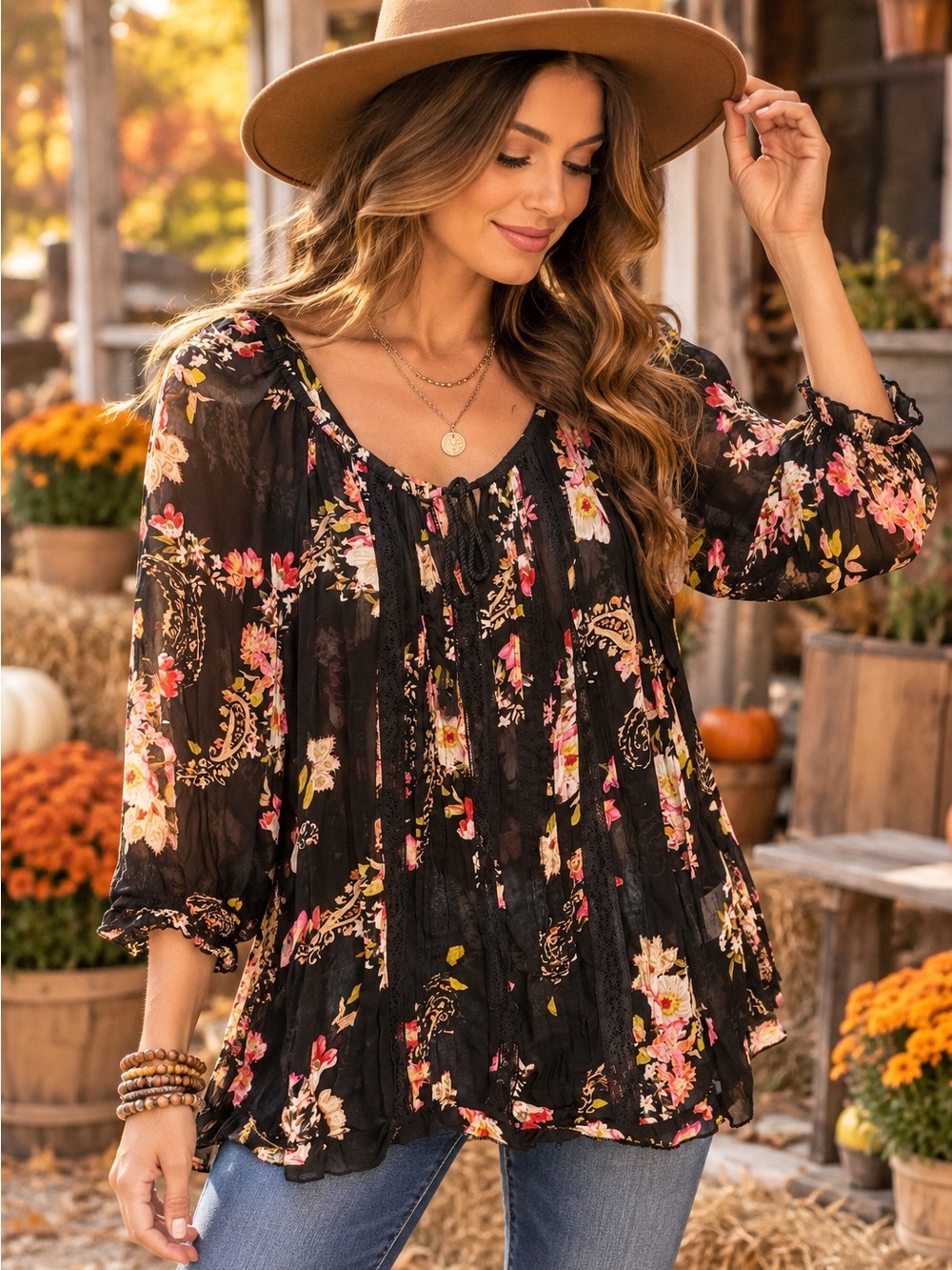 Bila XL Black Floral Paisley Boho Sheer Tunic Blouse 3/4 Sleeve
